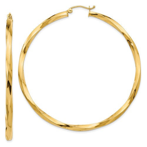 14k yellow gold twisted modern classic round hoop earrings 60mm x 3mm