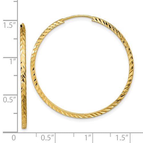 14k Yellow Gold 34mm x 1.35mm Diamond Cut Square Tube Round Endless Hoop Earrings