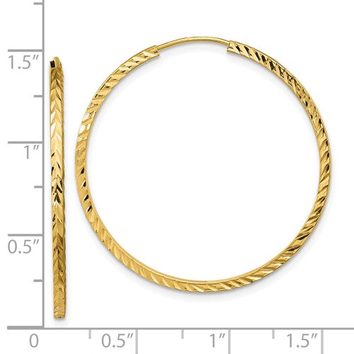 14k yellow gold 34mm x 1.35mm diamond cut square tube round endless hoop earrings