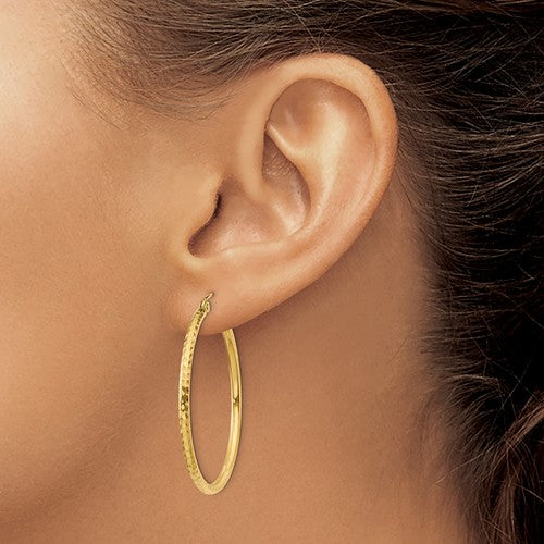 14k yellow gold diamond cut classic round hoop earrings 35mm x 2mm