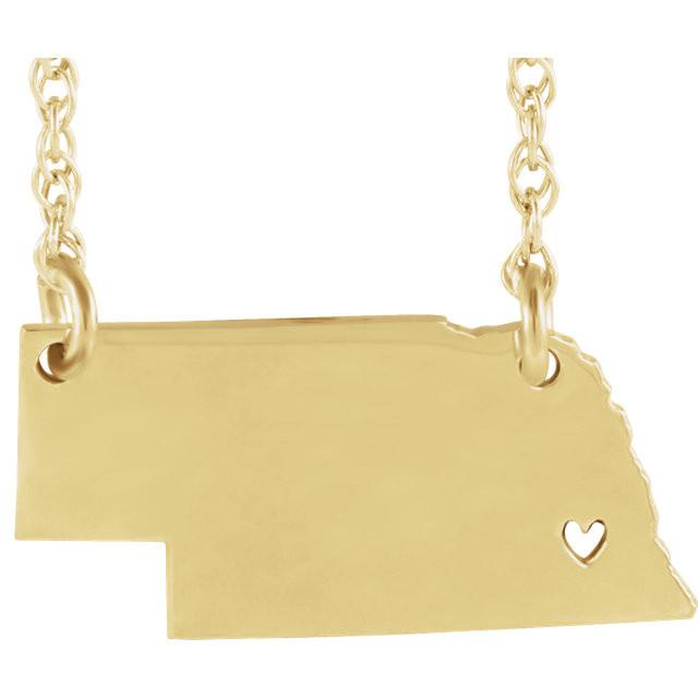 14k gold 10k gold silver nebraska ne state map necklace heart personalized city