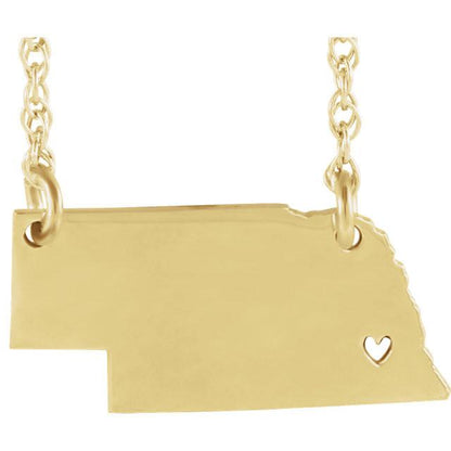 14k gold 10k gold silver nebraska ne state map necklace heart personalized city