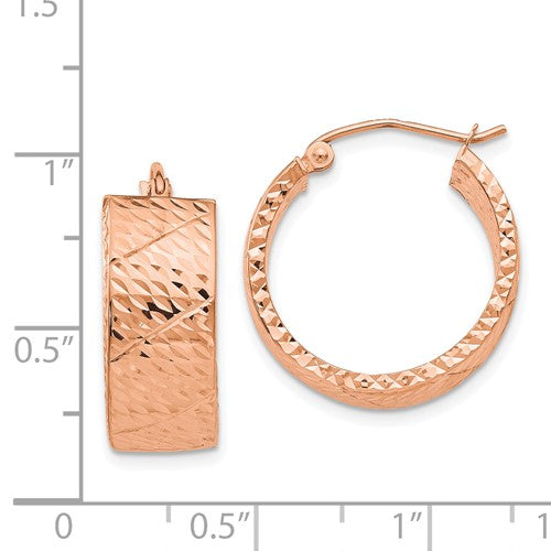 14K Rose Gold Diamond Cut Modern Contemporary Round Hoop Earrings