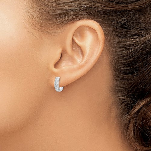 14k white gold classic textured hinged hoop huggie earrings