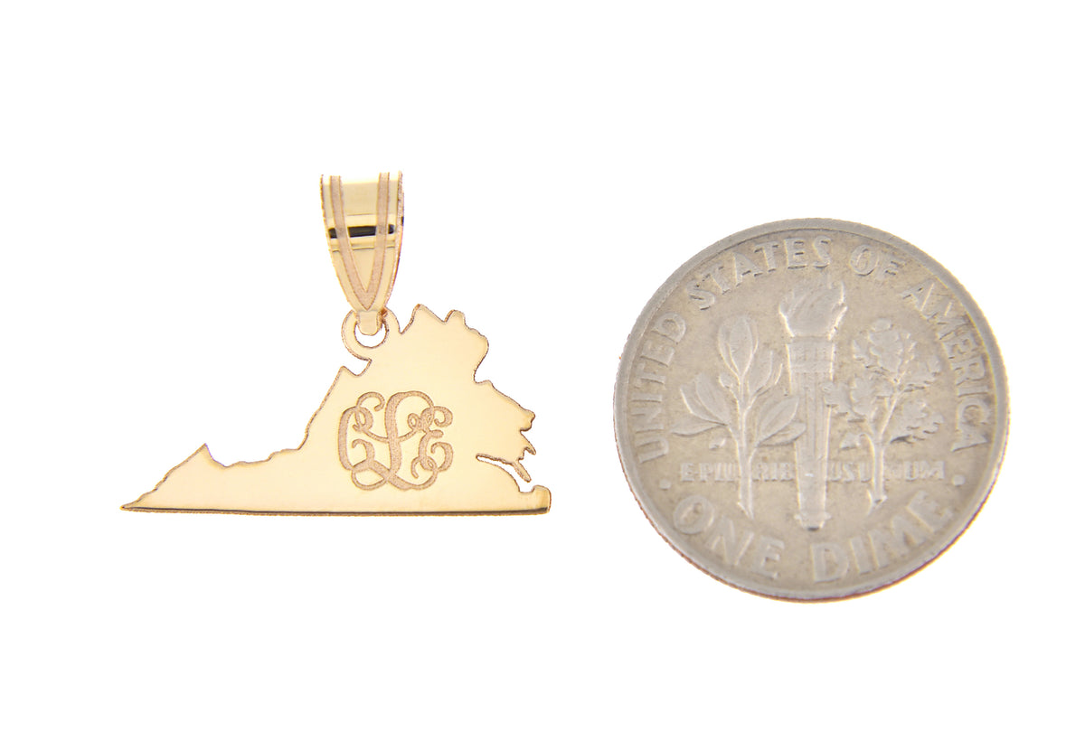 14k gold or sterling silver virginia va state map pendant charm personalized monogram