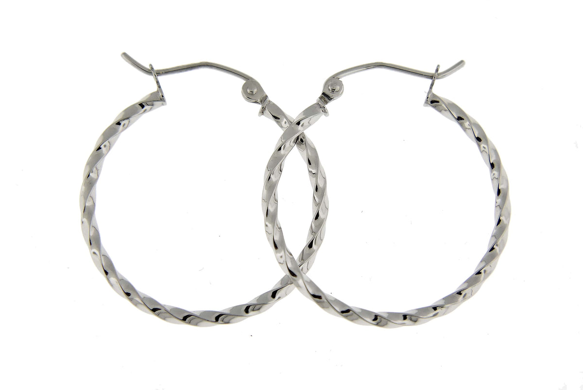 14k white gold twisted modern classic round hoop earrings 25mm x 2mm