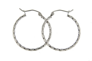 14K White Gold Twisted Modern Classic Round Hoop Earrings 25mm x 2mm