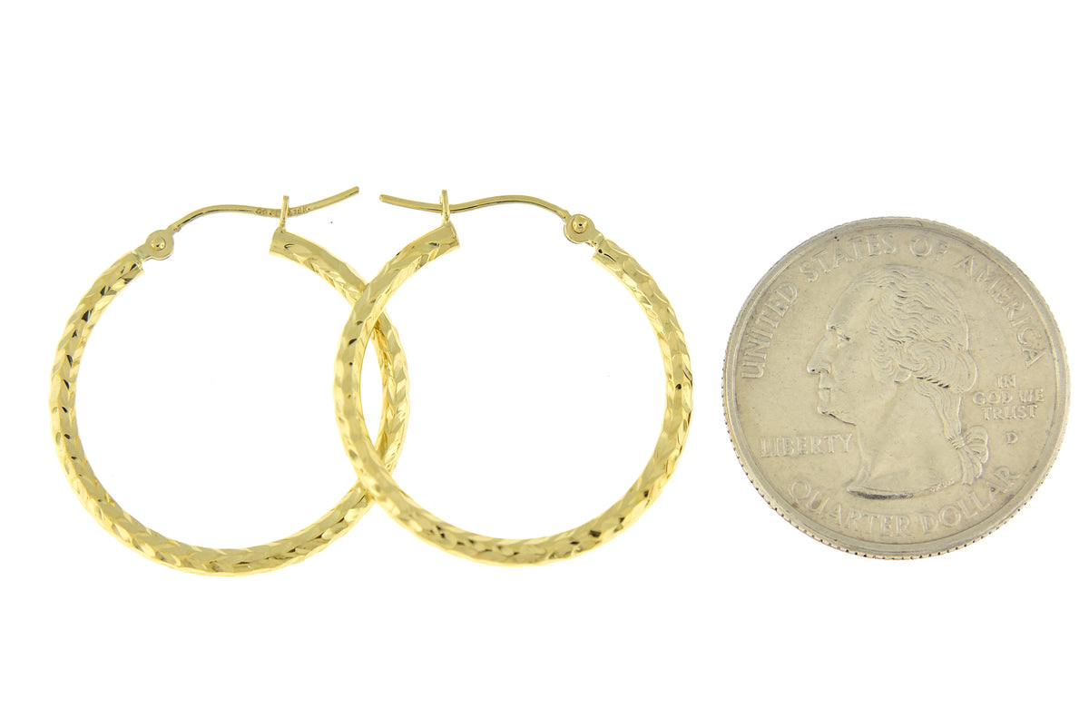 14k yellow gold diamond cut classic round hoop earrings 25mm x 2mm