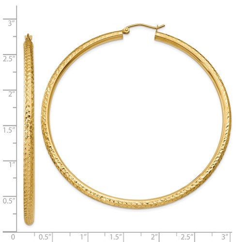 14k yellow gold 2.56 inch diameter large diamond cut round classic hoop earrings 65mm x 3mm