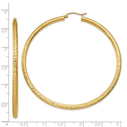 14k yellow gold 2.56 inch diameter large diamond cut round classic hoop earrings 65mm x 3mm