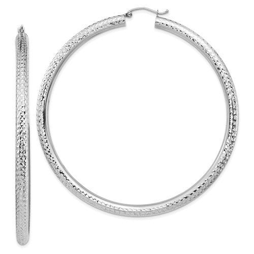 14k white gold large sparkle diamond cut classic round hoop earrings 65mm x 4mm