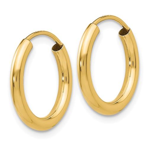 14k yellow gold round endless hoop earrings 15mm x 2mm