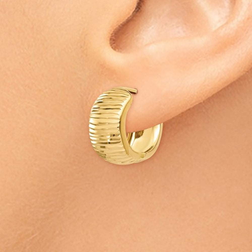 14k yellow gold textured huggie hinged hoop earrings 15mm x 15mm x 7mm