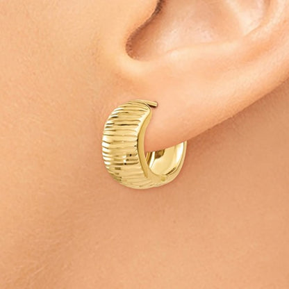 14k yellow gold textured huggie hinged hoop earrings 15mm x 15mm x 7mm