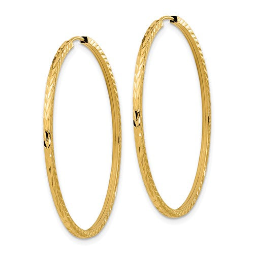 14k Yellow Gold Diamond Cut Square Tube Round Endless Hoop Earrings 40mm x 1.35mm
