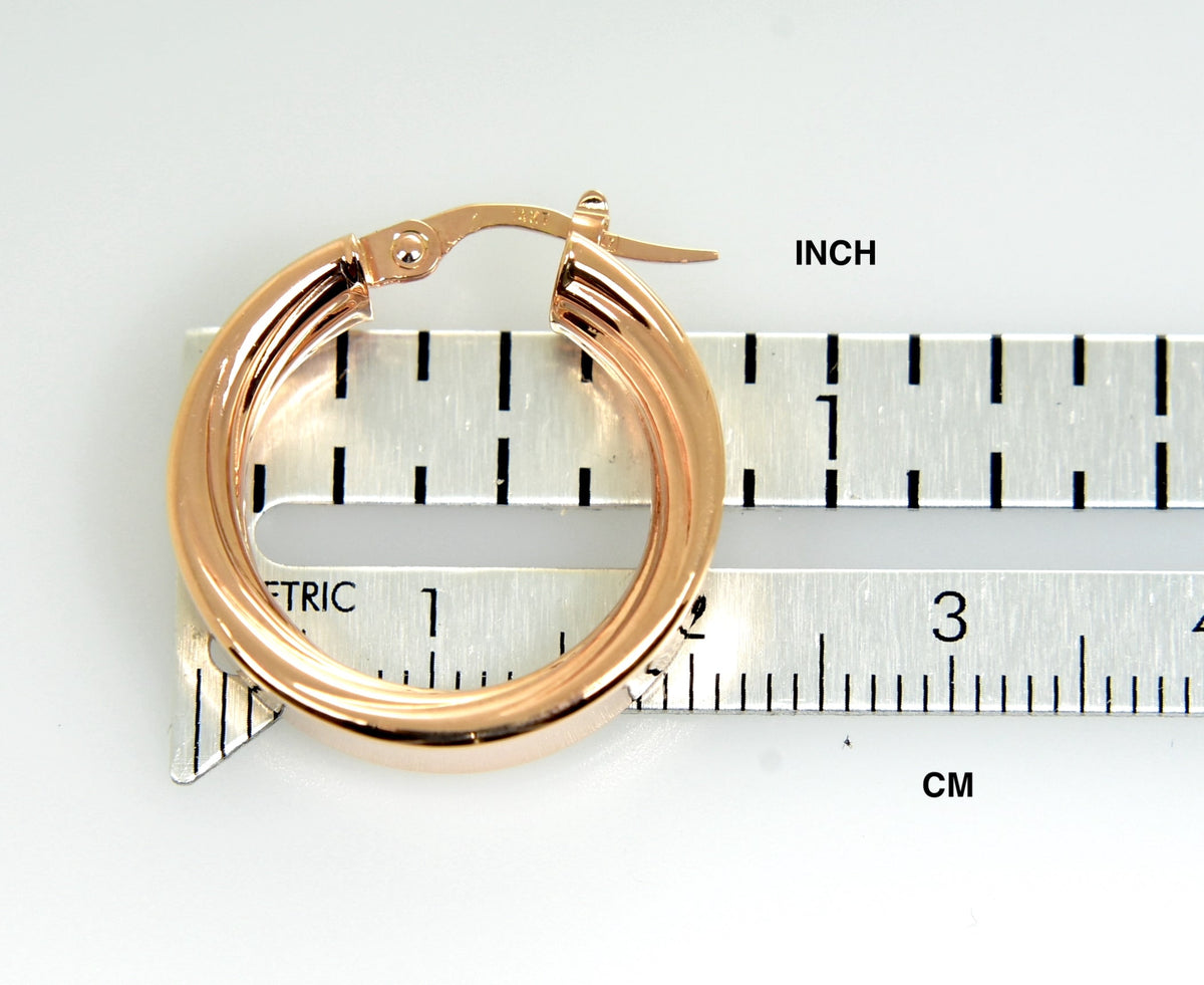 14k rose gold round square tube textured inside diamond cut hoop earrings 21mm x 5.5mm
