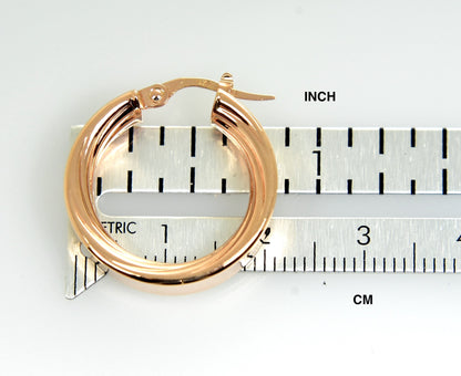 14k rose gold round square tube textured inside diamond cut hoop earrings 21mm x 5.5mm