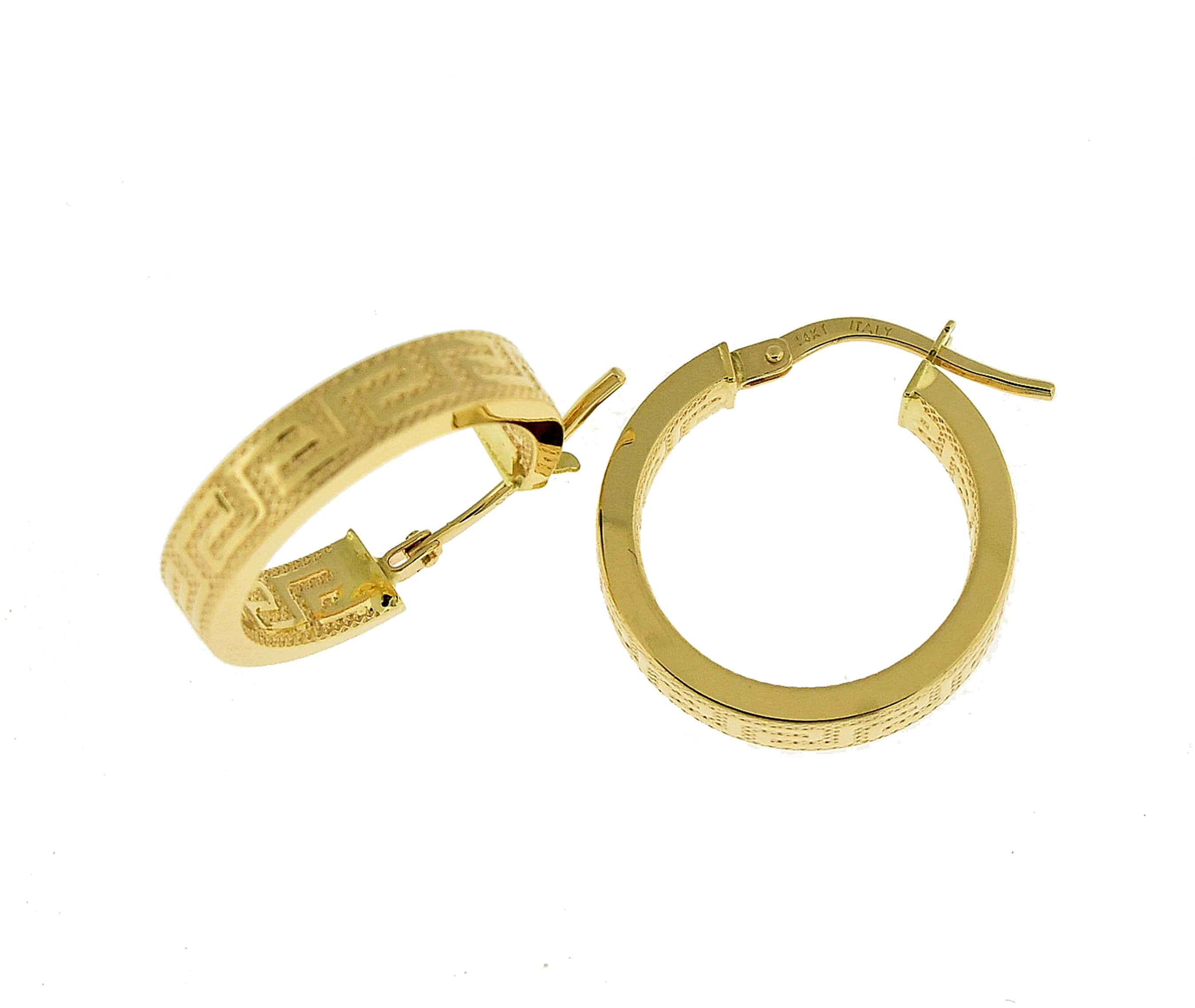 14k Yellow Gold Greek Key Square Tube Round Hoop Earrings