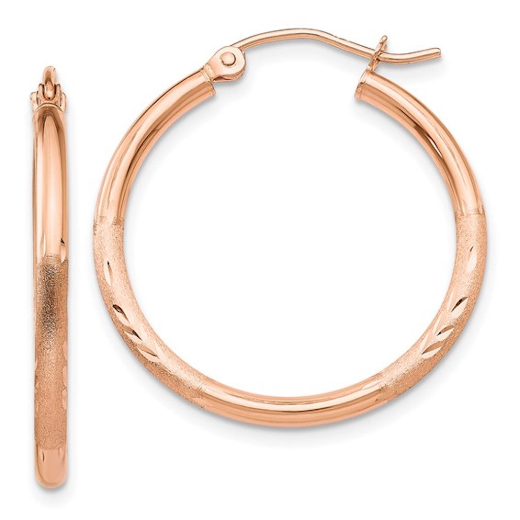 14k rose gold diamond cut classic round textured satin hoop earrings 25mm x 2mm