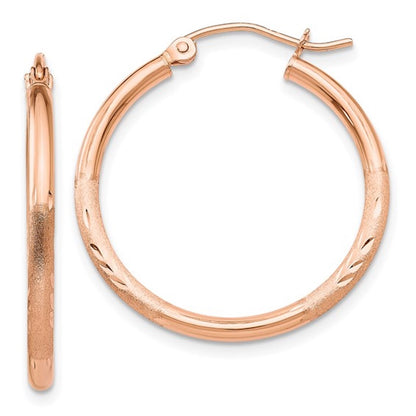 14k rose gold diamond cut classic round textured satin hoop earrings 25mm x 2mm
