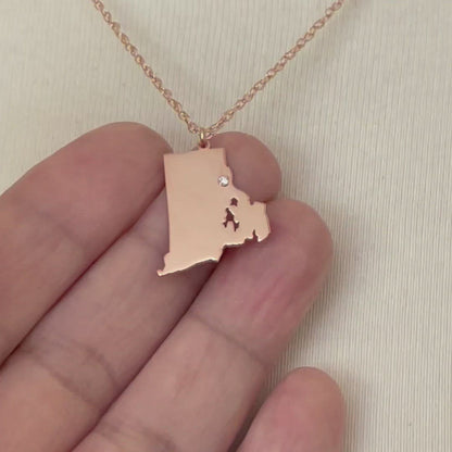 14k 10k Yellow Rose White Gold Diamond Silver Rhode Island RI State Map Personalized City Necklace