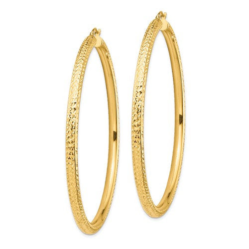 14k yellow gold large sparkle diamond cut classic round hoop earrings 65mm x 4mm