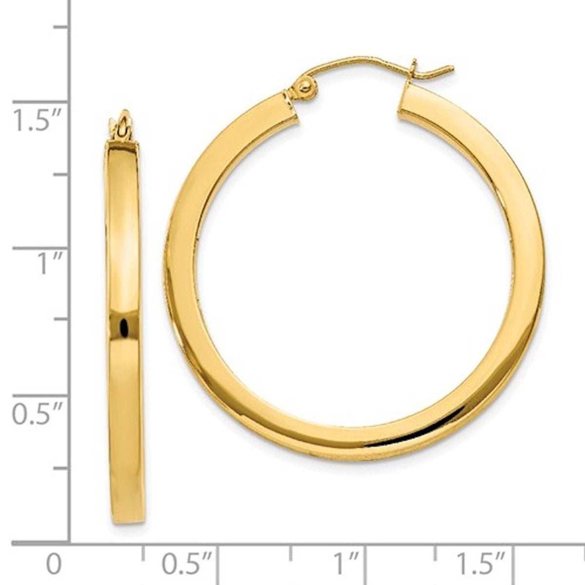 14k yellow gold square tube round hoop earrings 35mm x 3mm