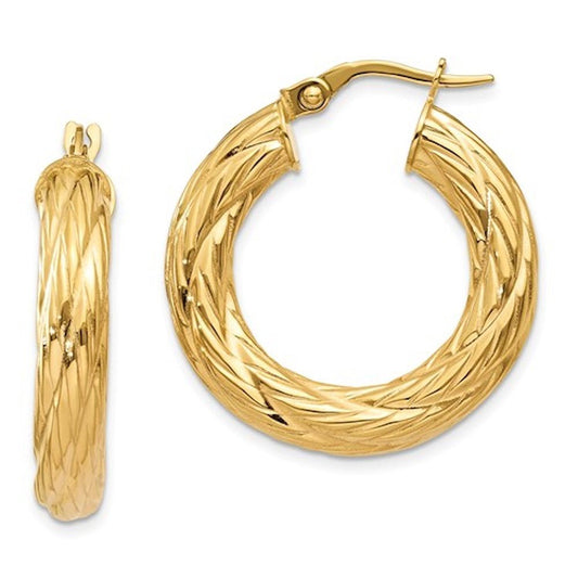 14k yellow gold textured round hoop earrings 25mm x 4.5mm
