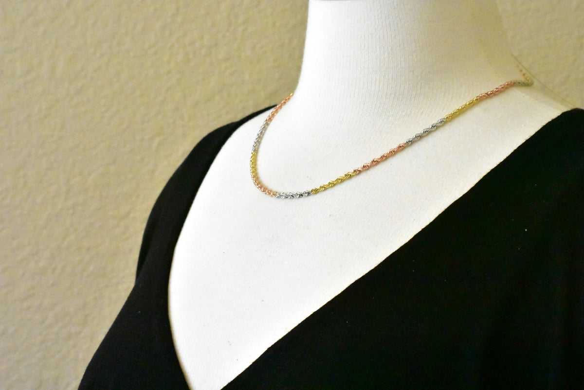 14k yellow white rose gold tri color 3mm diamond cut rope bracelet anklet choker necklace chain