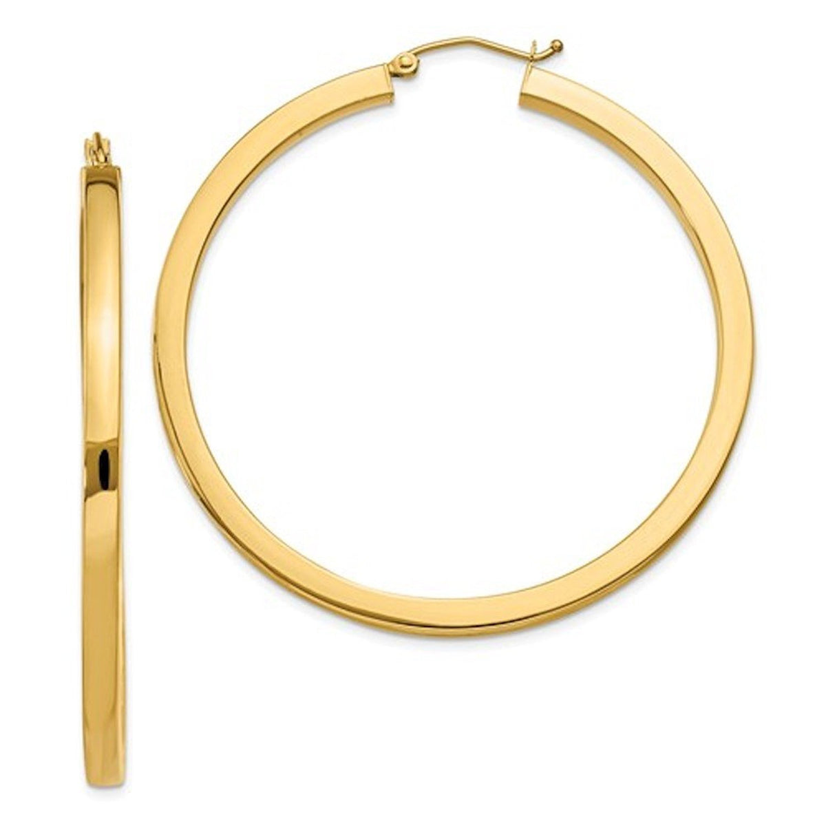 14k yellow gold square tube round hoop earrings 50mm x 3mm