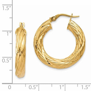 14K Yellow Gold Textured Round Hoop Earrings 25mm x 4.5mm