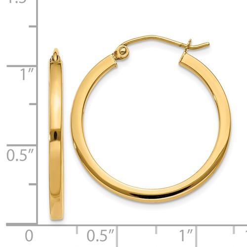 14k yellow gold square tube round hoop earrings 25mm x 2mm