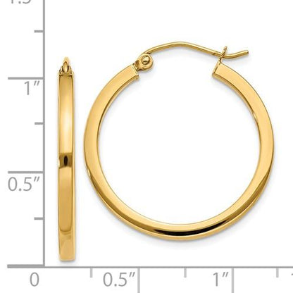 14k yellow gold square tube round hoop earrings 25mm x 2mm