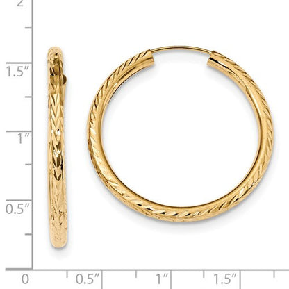 14k yellow gold diamond cut classic endless hoop earrings 33mm x 3mm