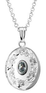 Sterling Silver Genuine Aquamarine Oval Locket Necklace March Birthstone Personalized Engraved Monogram