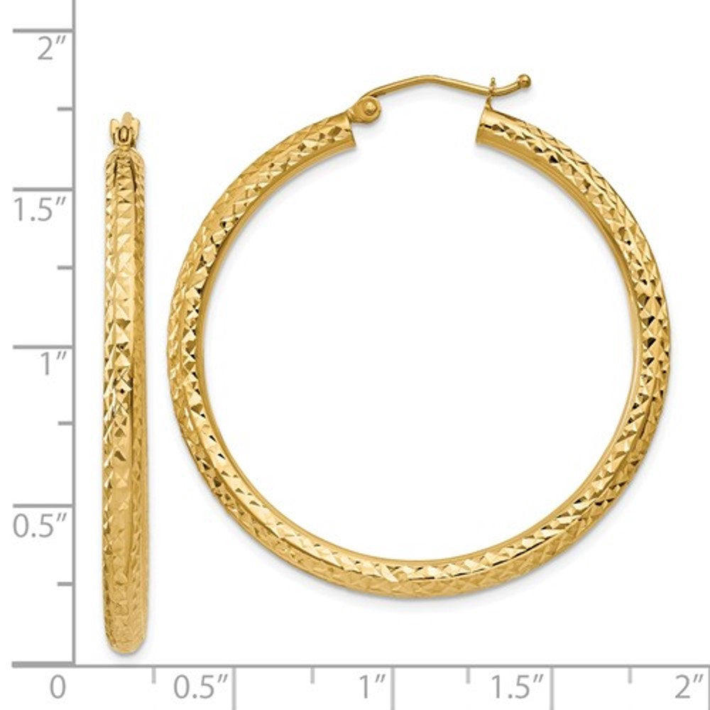 14K Yellow Gold Diamond Cut Classic Round Hoop Earrings 40mm x 3mm