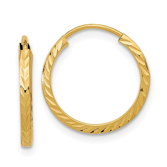 14k yellow gold diamond cut square tube round endless hoop earrings 15mm x 1.35mm