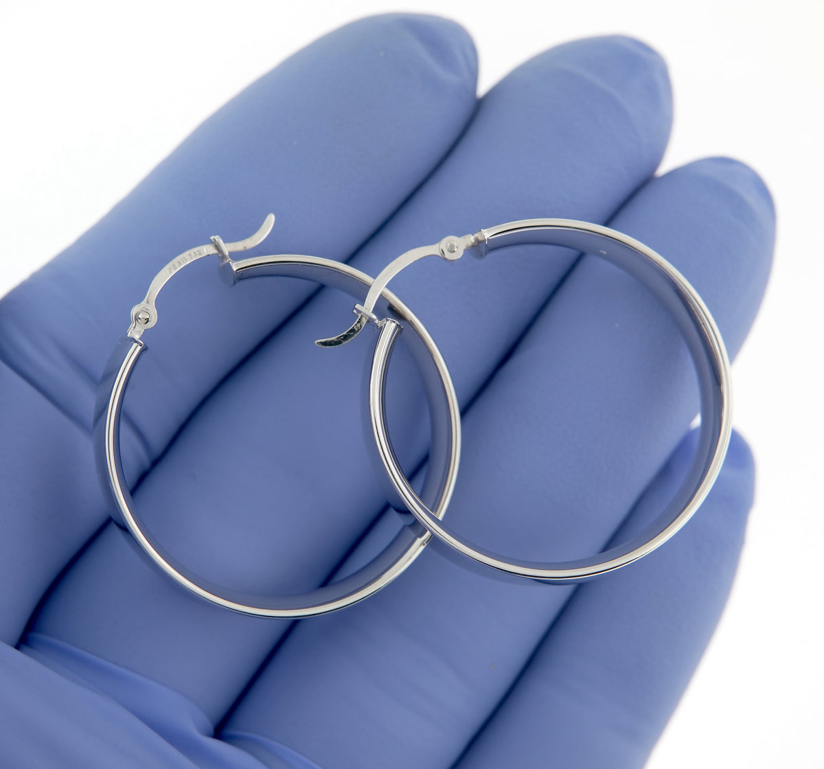14k white gold round square tube hoop earrings 30mm x 7mm