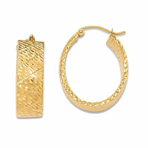 14K Yellow Gold Diamond Cut Modern Contemporary Textured Oval Hoop Earrings