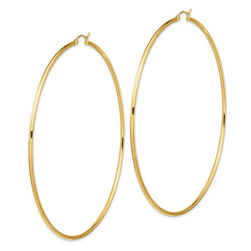 14k yellow gold 3.75 inches diameter extra large giant gigantic round classic hoop earrings 95mm x 2mm lightweight