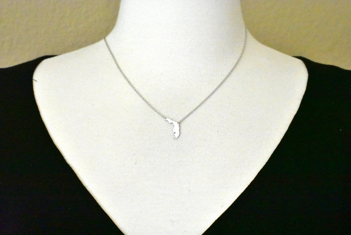 14k gold 10k gold silver florida fl state map necklace heart personalized city