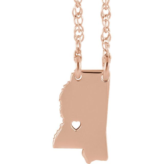 14k gold 10k gold silver mississippi ms state map necklace heart personalized city