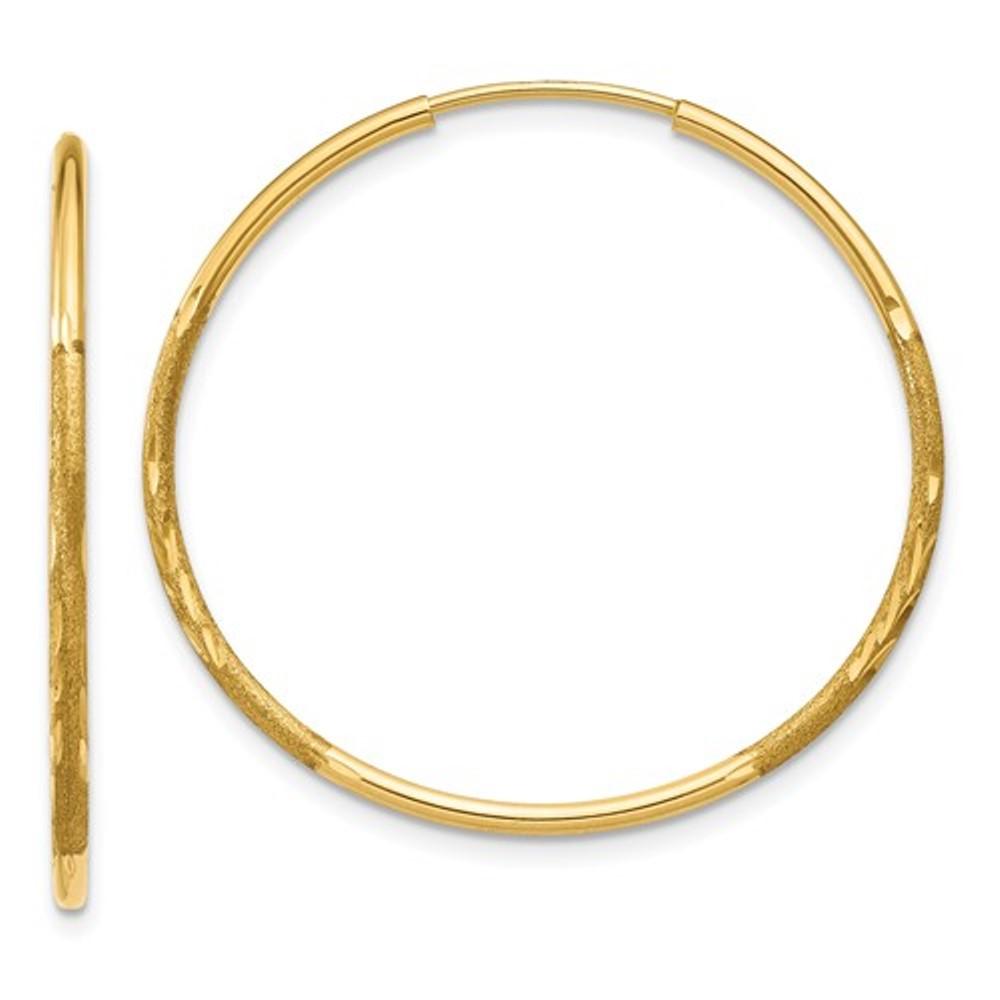 14k yellow gold diamond cut satin endless round hoop earrings 27mm x 1.25mm