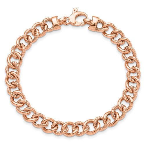 14k rose gold 8mm fancy link polished textured bracelet chain