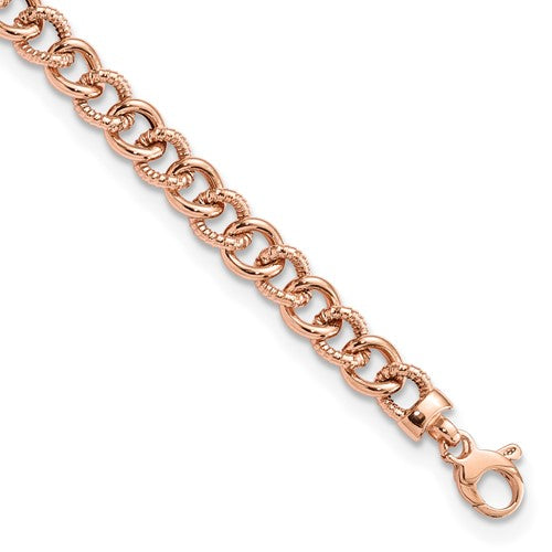 14k rose gold 8mm fancy link polished textured bracelet chain