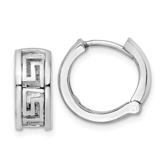 14k white gold greek key hinged hoop earrings