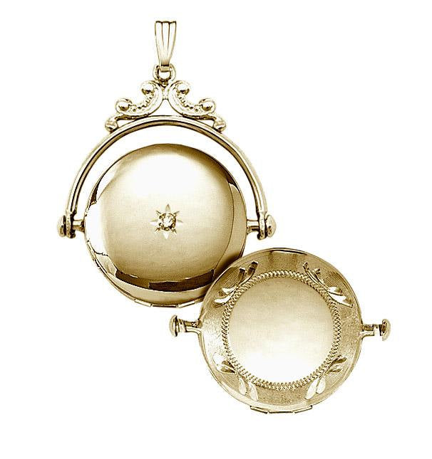 14k Yellow Gold .02CTW Diamond Round Swivel Locket Pendant Charm Engraved Personalized Monogram - BringJoyCollection