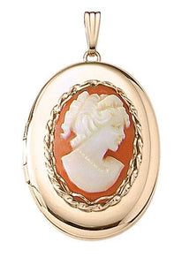 14k Yellow Gold 23mm x 30mm Carnelian Cameo Oval Locket Pendant Charm Engraved Personalized - BringJoyCollection