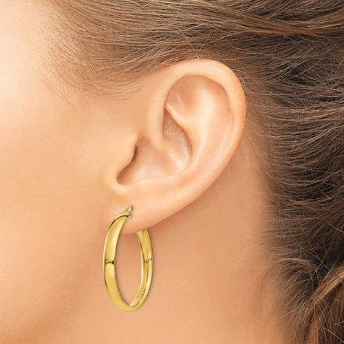 14k yellow gold round square tube hoop earrings 30mm x 4mm