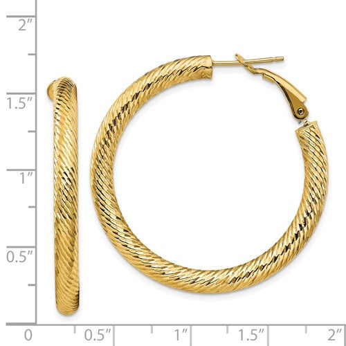 14k Yellow Gold Diamond Cut Round Omega Back Hoop Earrings 39mm x 4mm